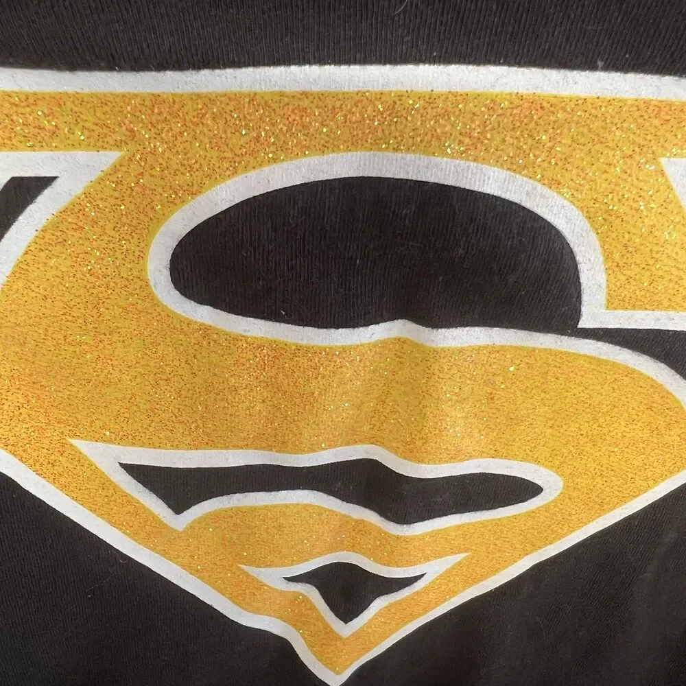 Girls Superman Supergirl Costume Shirt Black Gold Glitter Logo Long Sleeve L